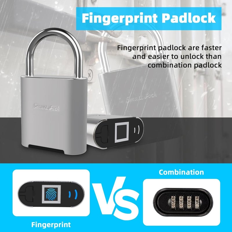 KENRONE Fingerprint Padlock, Biometric Smart Lock, Silver, Waterproof Locker Lock for Gym, School, Sports Ground - Image 3